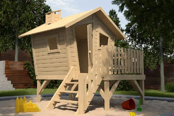 Hölzernes Spielhaus mit Rutsche und Sandkasten